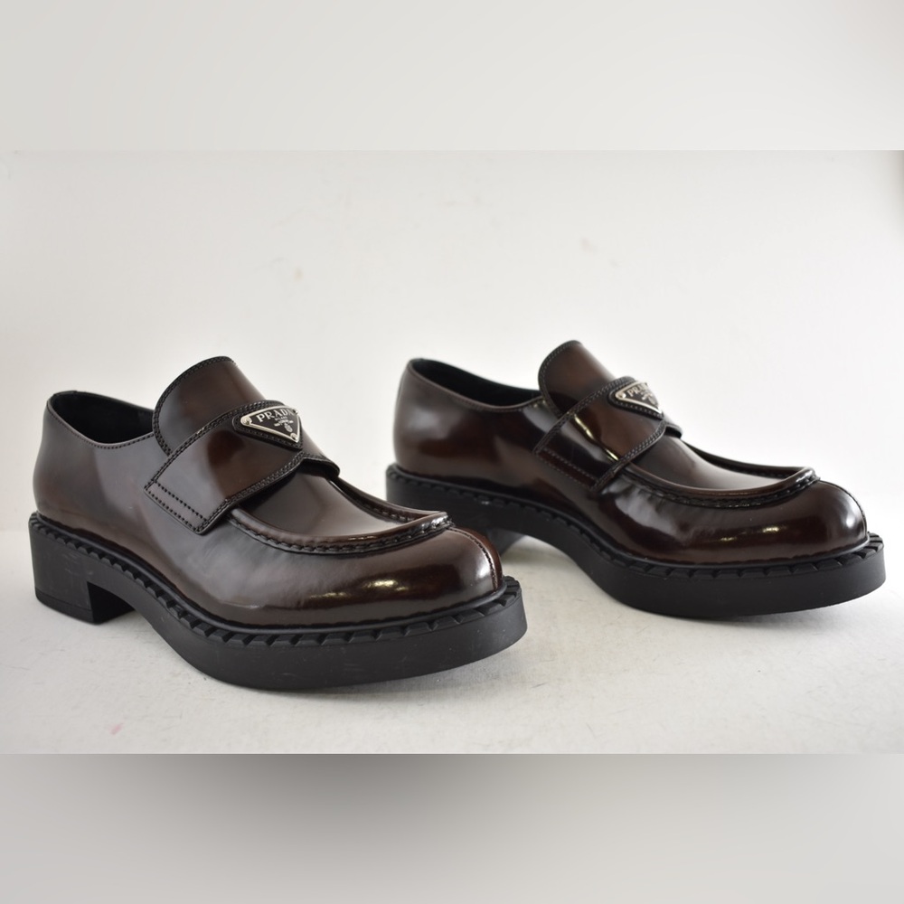 Prada Triangle Logo Fume Brown Black Platform Loafer Creeper Slip On Flat 41.5 - Picture 4 of 15